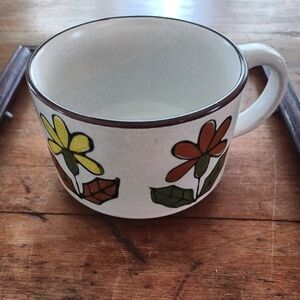 Stoneware Soup Mug Mid mod with Orange and Yellow Flowers